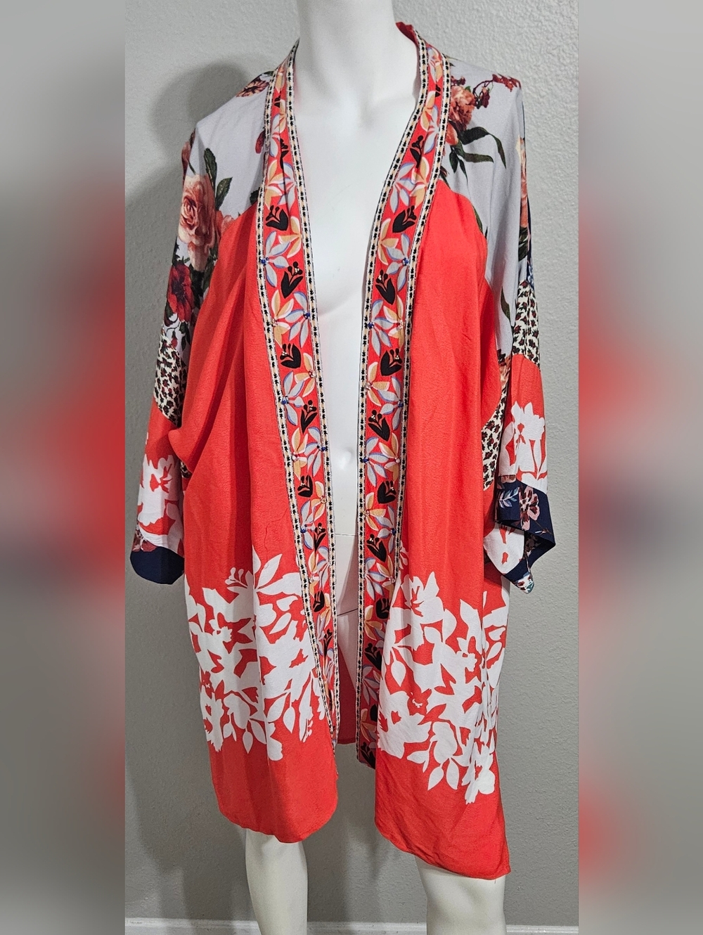 NWT John Mark beaded details open kimono duster floral patchwork size XL